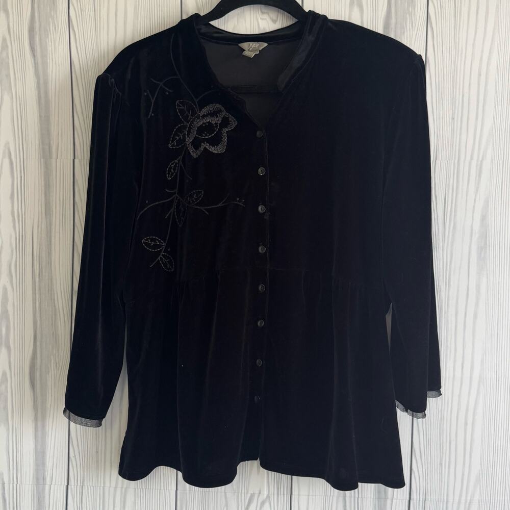 J Jill Womens Velvet Blouse Boho Embroidery Floral Mesh Whimsigoth Holiday XL
